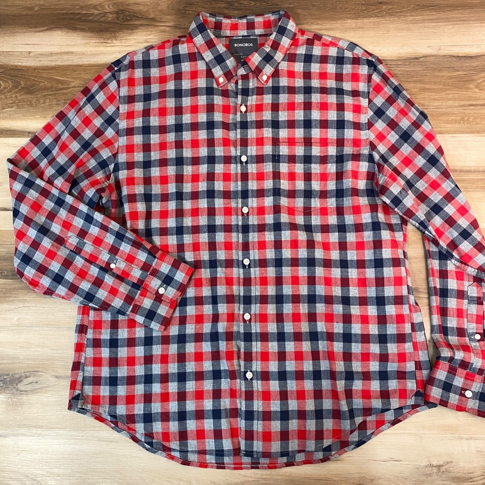 Bonobos Flannel Button Down Men XXL Heritage Plaid 100% Cotton Slim Fit Red Blue